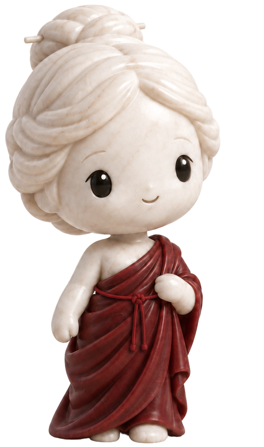 Phoebe, a small marble figure in a red robe